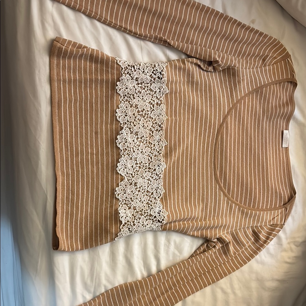Valentino Brown Striped Lace Long Sleeve Top